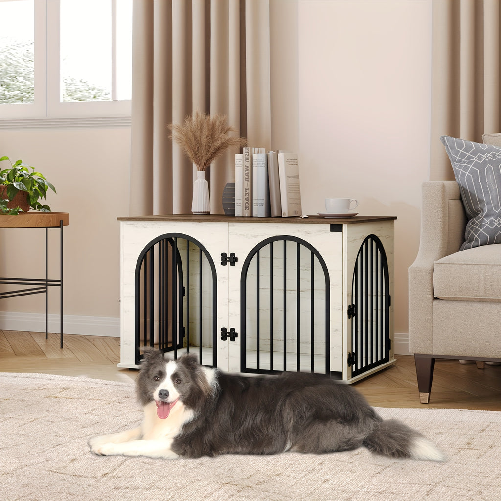 39.4'' Dog Crate Furniture - Dog Kennel Indoor Arched Door Design, Wooden Dog Crate Furniture For Small/Medium/Large Dog, Side Table, TV Stand, Anti-Chew, Anti-Escape - Rustic Brown, Black Gold, Greige Black, White Brown - For Dog Owners - Provides Safe &