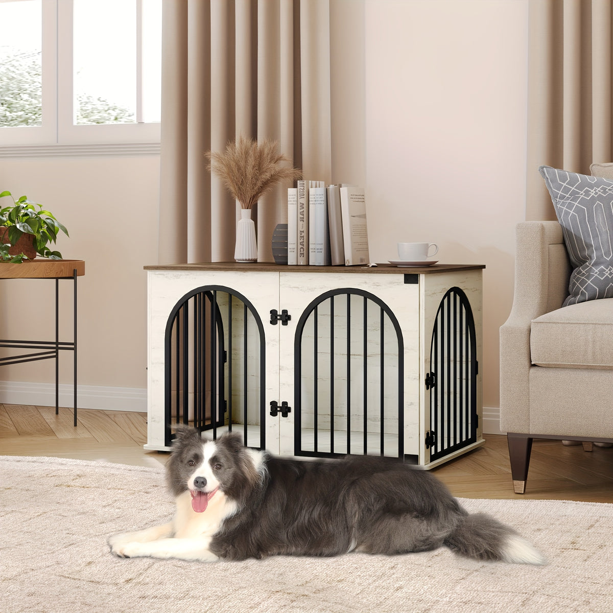 39.4'' Dog Crate Furniture - Dog Kennel Indoor Arched Door Design, Wooden Dog Crate Furniture For Small/Medium/Large Dog, Side Table, TV Stand, Anti-Chew, Anti-Escape - Rustic Brown, Black Gold, Greige Black, White Brown - For Dog Owners - Provides Safe &