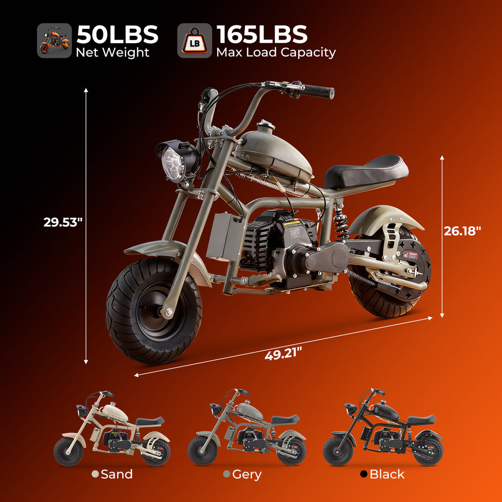 Gas Mini Chopper Bike, DB003 Model 40CC4-Stroke Dirt Bike with Big Headlight, Rear Shock Absorber, Metal Frame, Disc Brakes, Max Load 165Lbs, Up to 20Mph, Product name: gas mini dirt bike, chopper bike