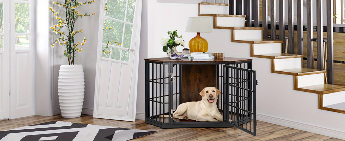 47"/52" Heavy Duty Corner Dog Crate Furniture - Rustic Brown Wooden Dog Cage with Double Sturdy Locks, Space-Saving Indoor Kennel & Side Table for Medium Dogs, Multi-Functional Pet House with Cushioned Floor & Decorative Top