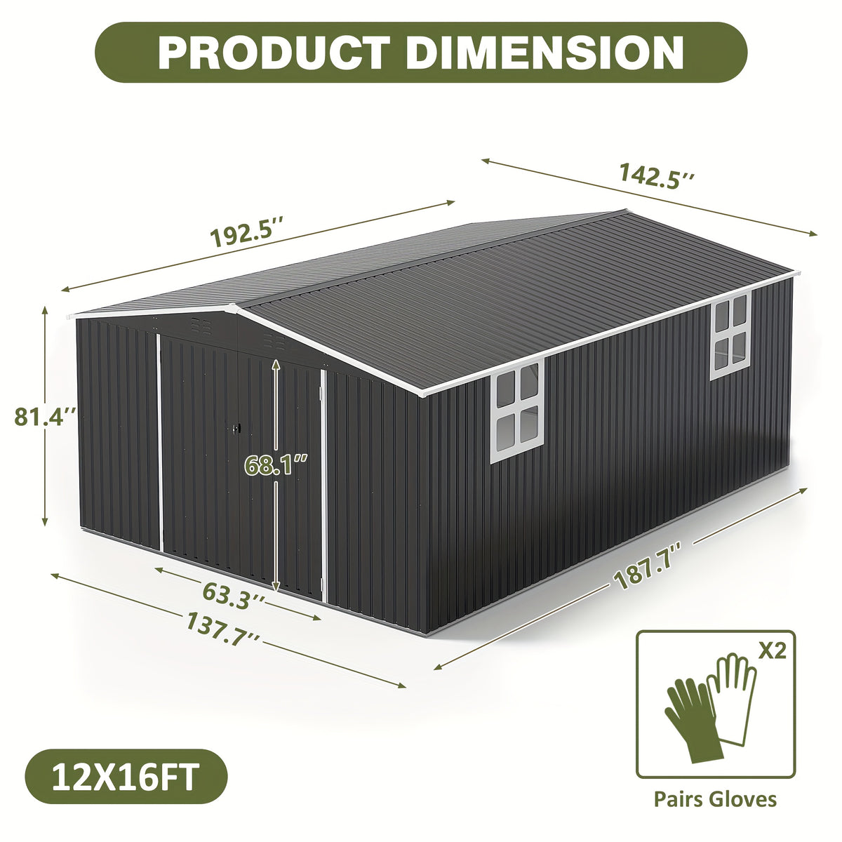 [Extra-Large Metal Shed] 5X3/12X16/12X18 FT Outdoor Storage Shed, Extra-Large Metal Shed With Hinged Door And Windows, Heavy-Duty Metal Tool Shed For Backyard, Garden, Patio, Or Lawn, Black