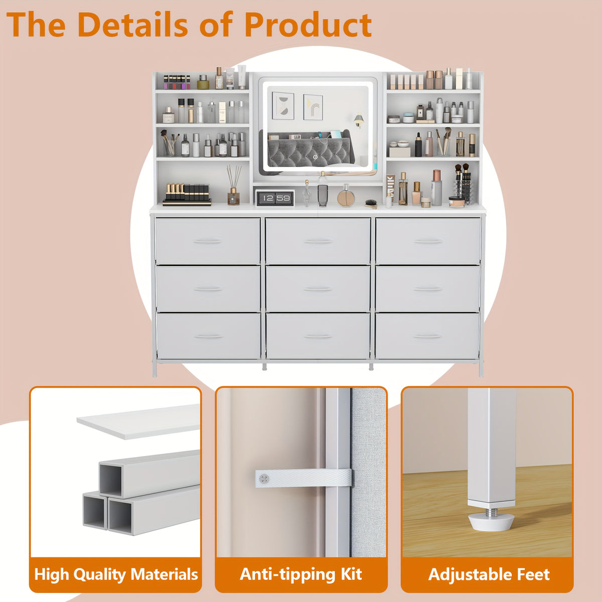 Chest Of 9 Drawers, White Dresser With 9 Fabric Drawers, Vanity With 8 Storage Shelves, Makeup Vanity Table, Vanity Desk With Large Mirror And LED Lights, Dressing Table For Bedroom, 3 Lighting Modes