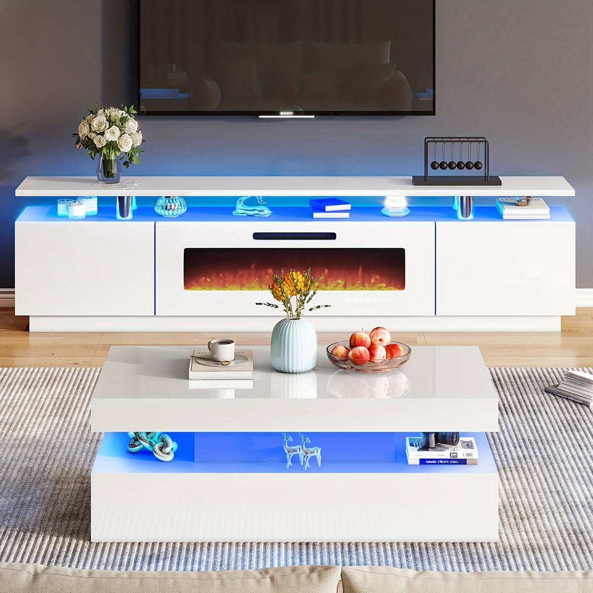 High Gloss LED Coffee Table, Modern 2-Tier Center Table with LED Lights, Open Storage Space