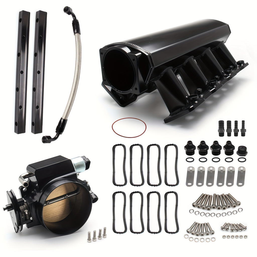 92MM Intake Manifold Kit - Includes Fuel Rail And Throttle Body - 92Mm Throttle Body Made of Sheet Metal - EFI 15° Throttle Opening - Suitable for Chevrolet, for GMC, for Pontiac LS LS1 LS2 LS6 in Black