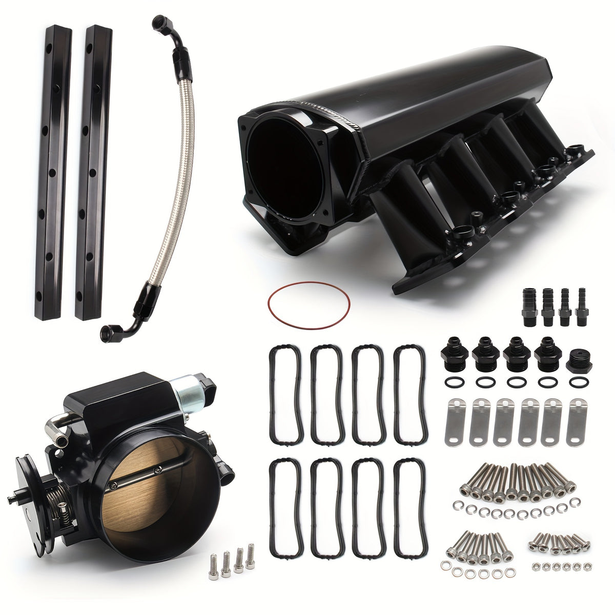 92MM Intake Manifold Kit - Includes Fuel Rail And Throttle Body - 92Mm Throttle Body Made of Sheet Metal - EFI 15° Throttle Opening - Suitable for Chevrolet, for GMC, for Pontiac LS LS1 LS2 LS6 in Black