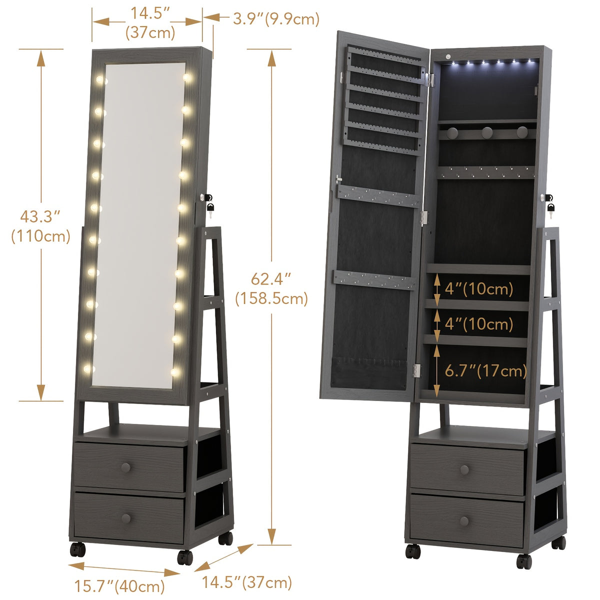 Jewelry Armoire Cabinet Organizer Standing with 20 LED Lights Lockable Full Length Mirror with Storage Shelves And 2 Drawers (White) Adjustable Tilt Angles Gift for Her, Jewelry Armoires