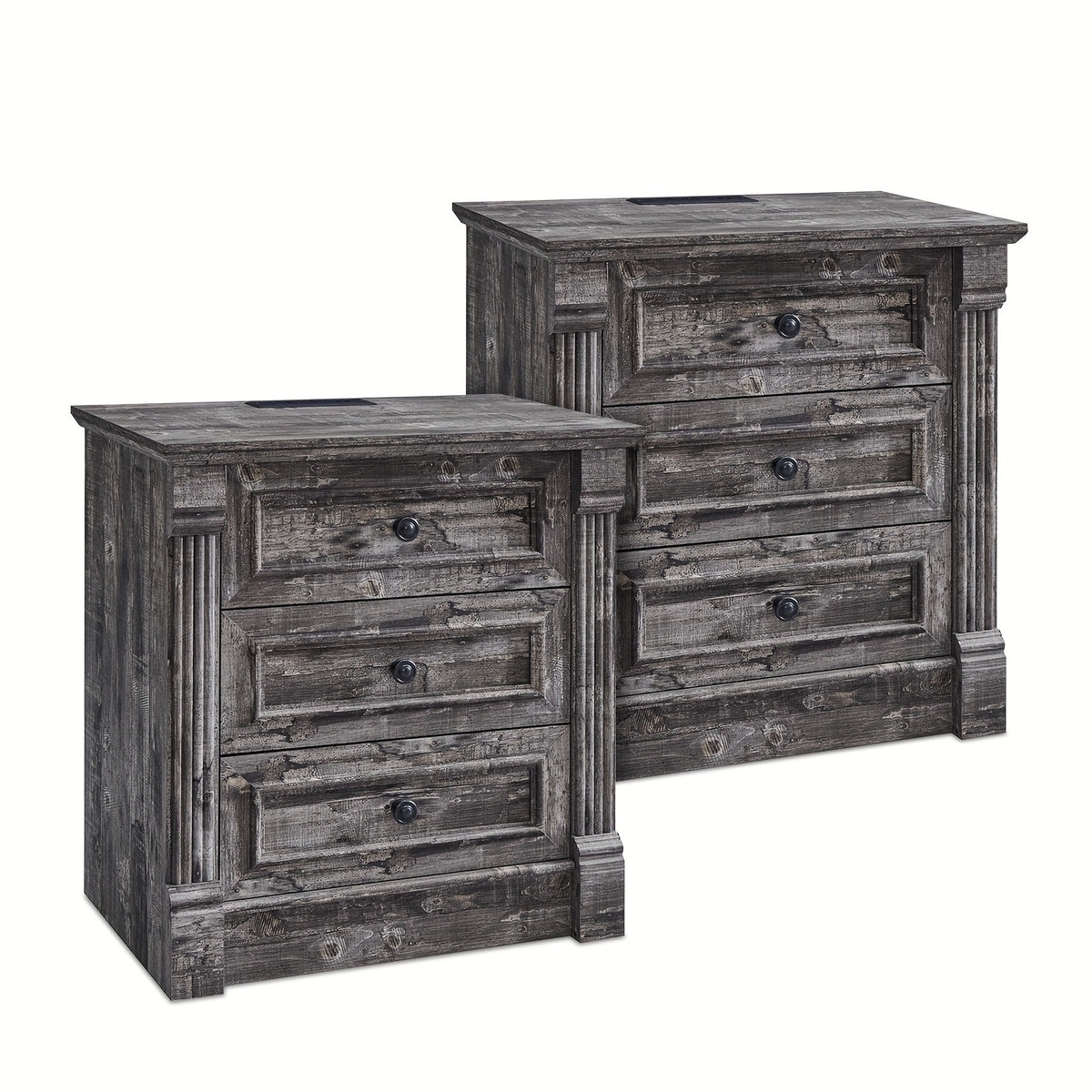 26 Inch High Farmhouse Bedside Table Set of 2, 3 Drawer Side Table with Charging Station, 23.6 Inch Wide Side Table with Roman Posts, Wooden Country Style Bedside Table for Bedroom, Living Room