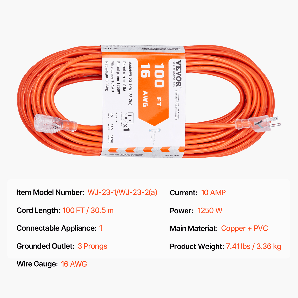 VEVOR 100FT Heavy Duty Extension Cord 16/12AWG 10/15A 1250W/1875W 3 Prongs with Lighted End