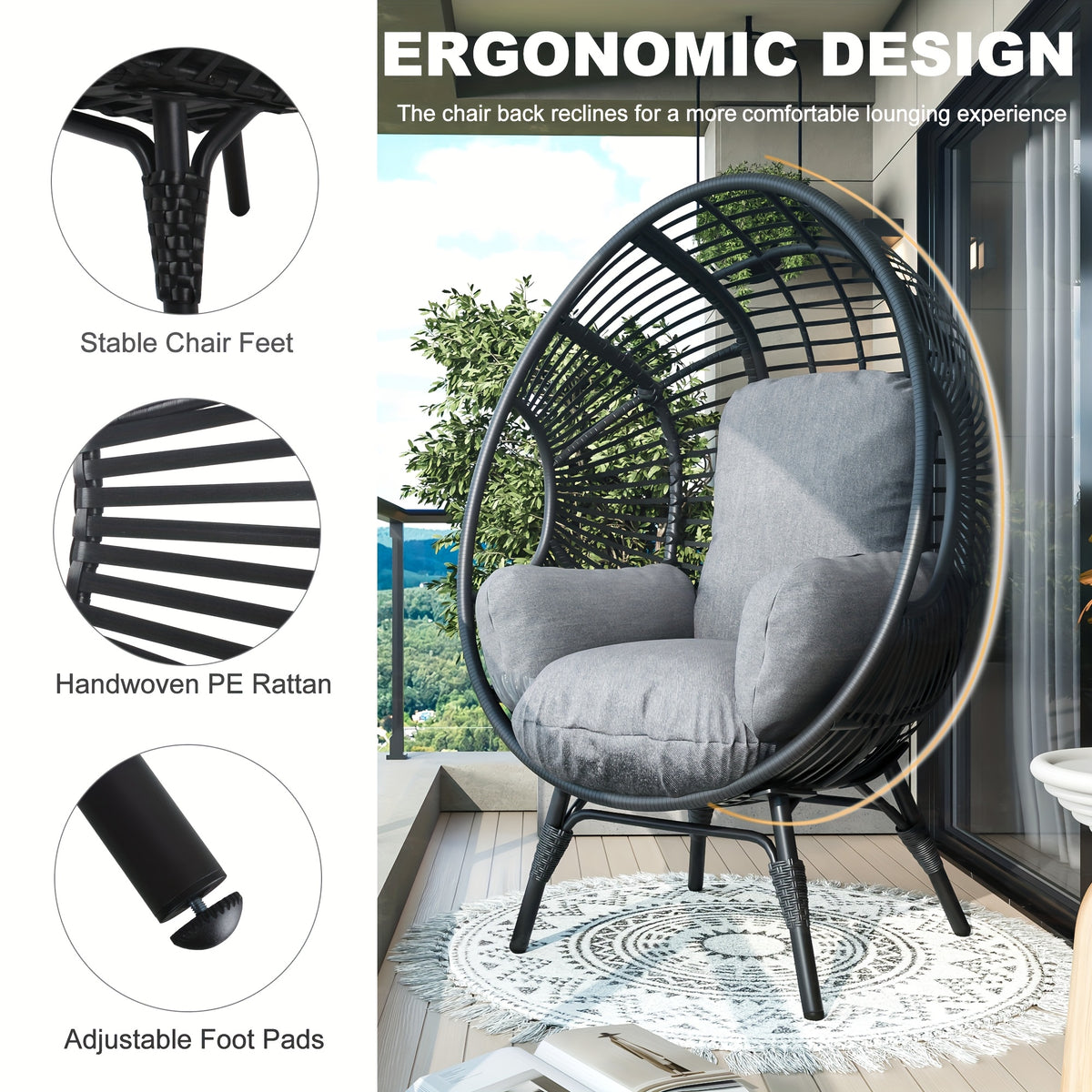 Outdoor Egg Chair Wicker Oversized Egg Basket Chair With Stand Lounger Chairs With Cushion 500lbs Capacity For Patio Garden Backyard Balcony