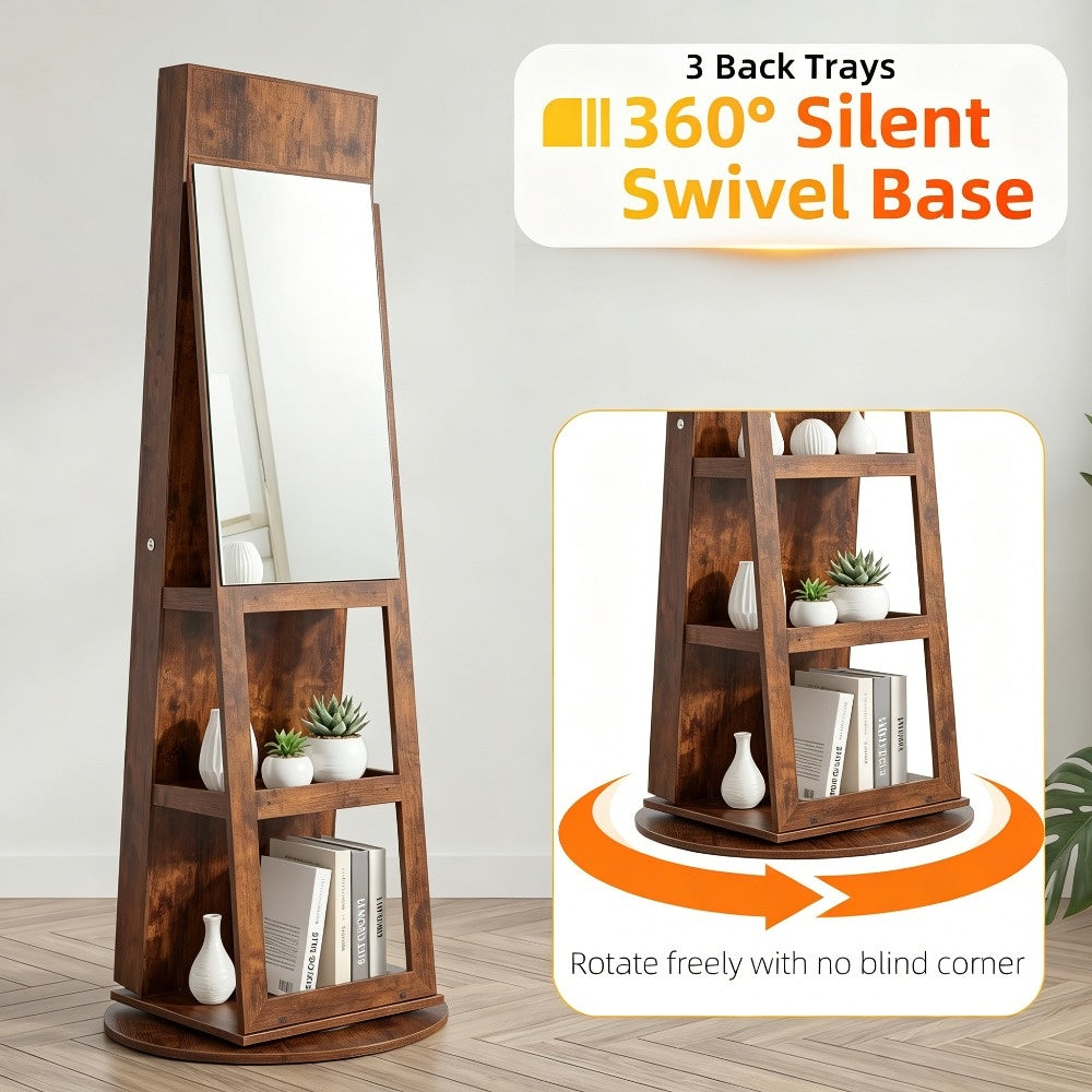 6 LED Jewelry Cabinet with Frameless Full-Length Mirror, 360° Swivel Lockable Organizer Standing Armoire, 3 Storage Shelves, Jewelry Armoires
