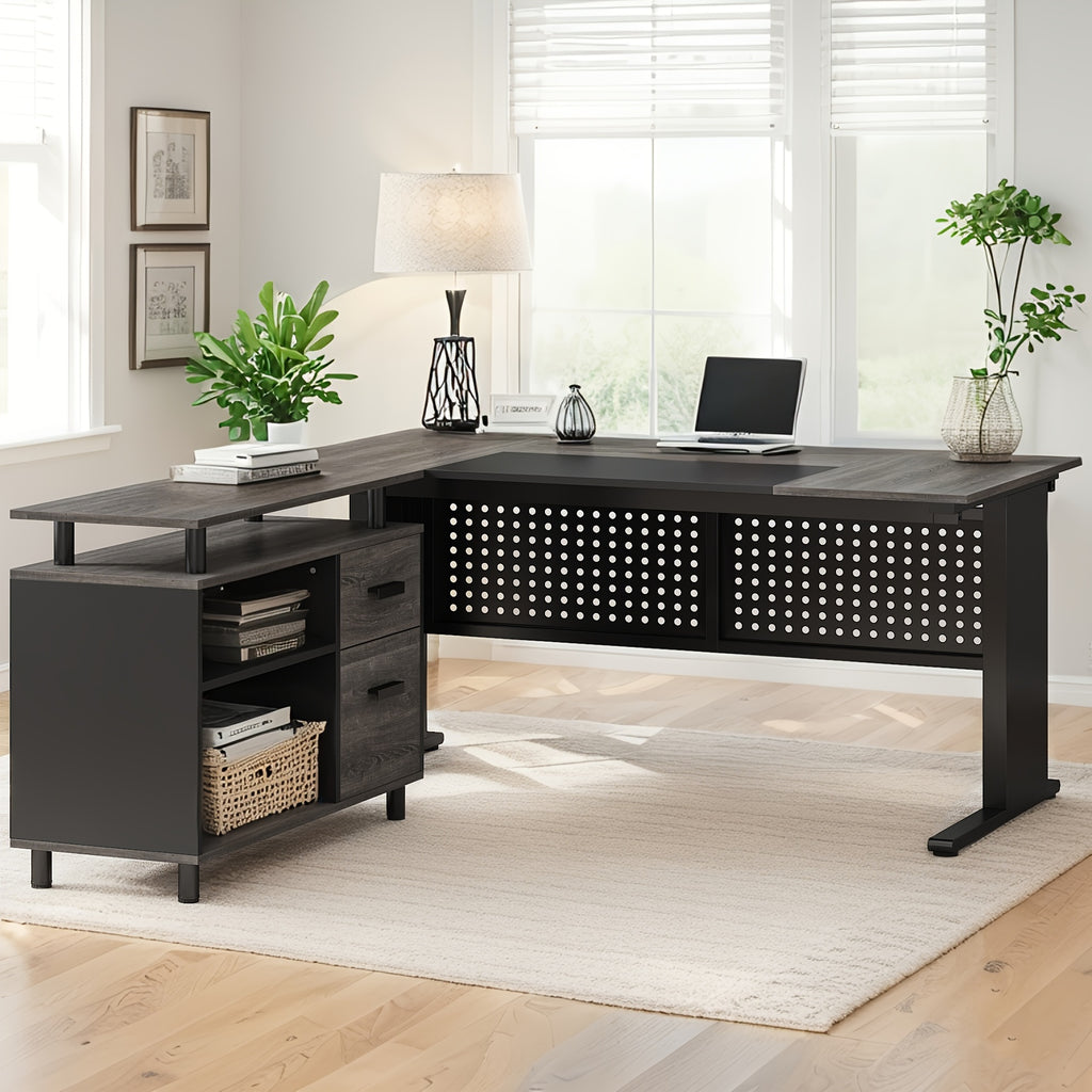 62.99" L Shaped Desk with Drawers And Storage, Farmhouse Computer Desk with File Drawers, Corner Executive Desk with Open Shelves for Home Office