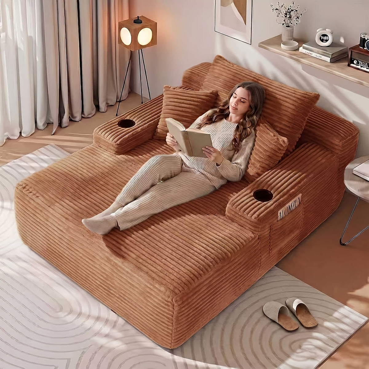 65-Inch Oversized Boneless Chaise Lounge with Cup Holders and Side Pockets, Includes 3 Pillows