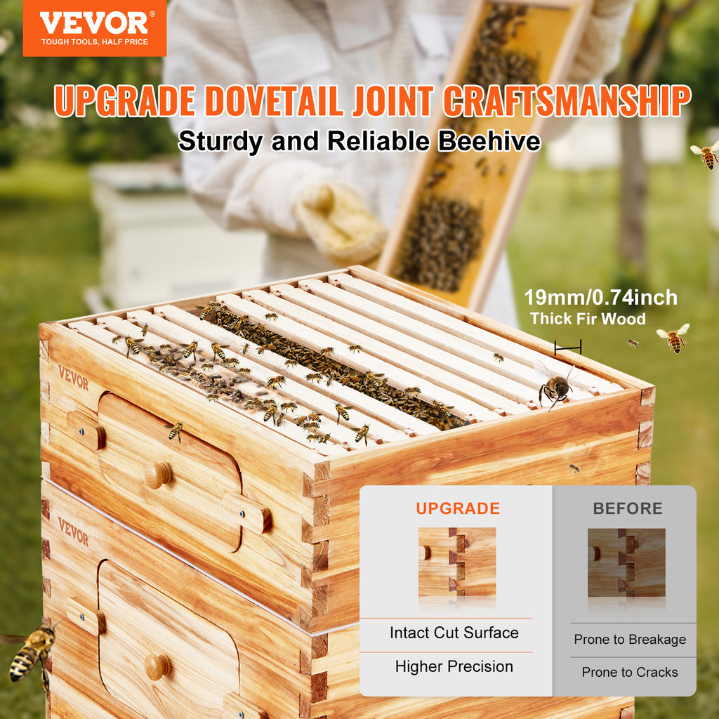 VEVOR Bee Hive 30 Frame / 40 Frame Bee Hives Starter Kit, Beeswax Coated Fir Wood, 2 Deep + 1 Medium / 2 Deep + 2 Medium Bee Boxes Langstroth Beehive Kit, Transparent Acrylic Windows with Foundations for Beginners Pro Beekeepers