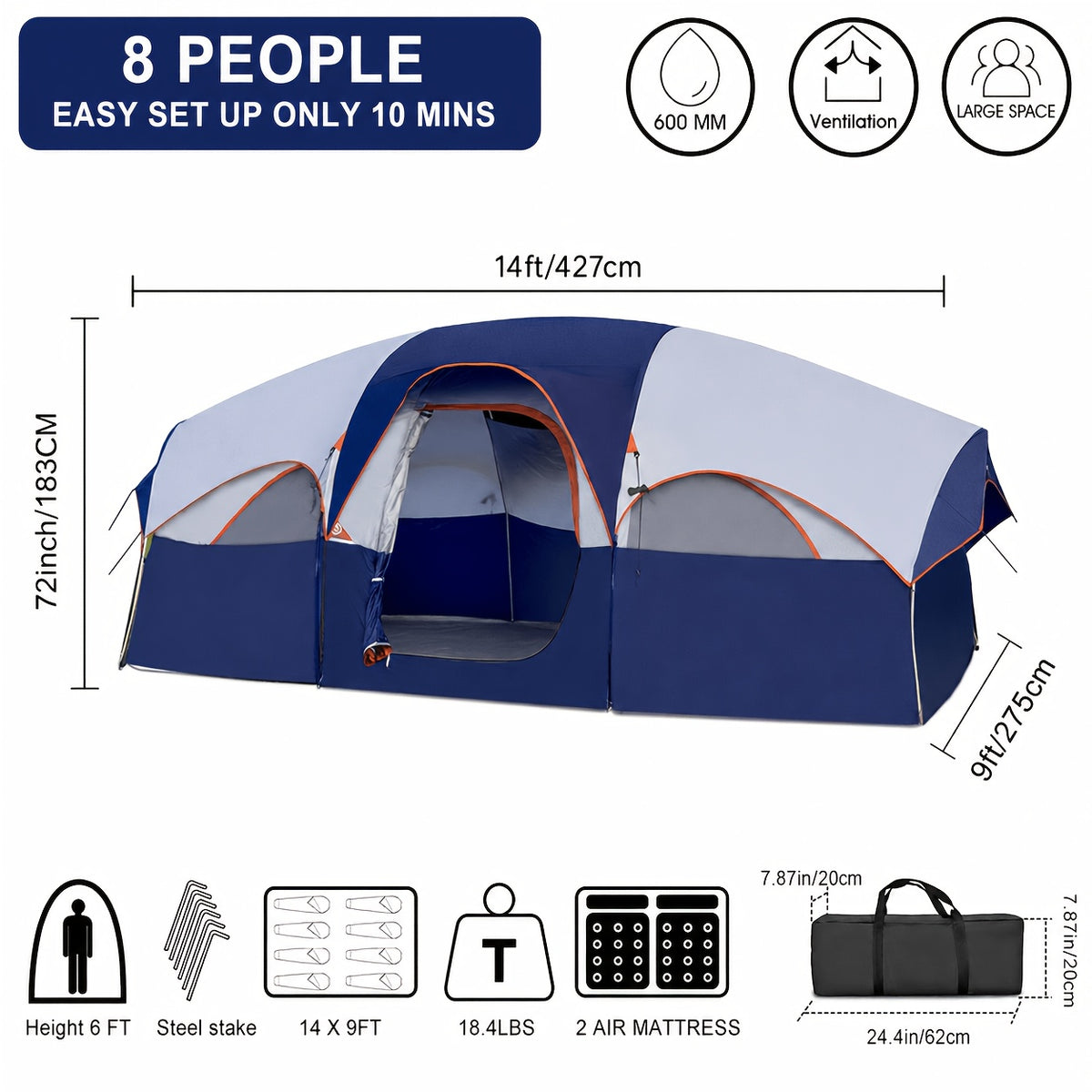8-Person Family Camping Tent with Removable Two-Room Divider for Quick Outdoor Setup and Open Views