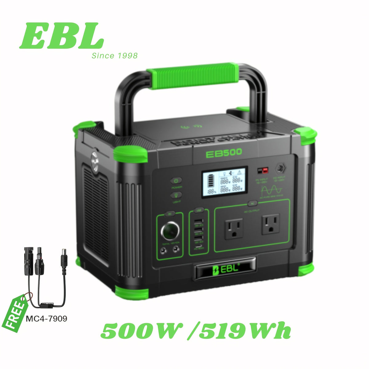 519.48Wh Power Station with 100W Solar Panel/500W Portable Power Station, Solar Generator 519.48Wh, ABS Material Powerstation with Dual DC Output, PD 60W USB-C Fast Charging, Supply for Home Backup, Emergencies, Camping, And Outdoor Adventures