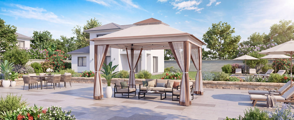 KAMEROUT Canopy Gazebo with Full Mesh Sidewalls, One-Touch Instant Setup Height Adjustable Outdoor Shelter Tent for Patio Backyard Party BBQ