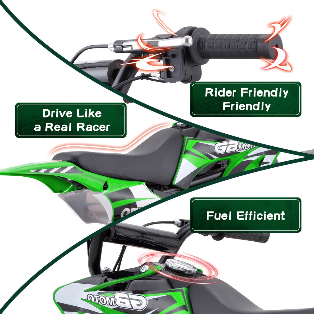 Mini off-road bike, 41CC four stroke gasoline bike (model: DB001), equipped with off-road tires, suspension, disc brakes, maximum load of 160Lbs, top speed of 18Mph, gloves and face cloth included