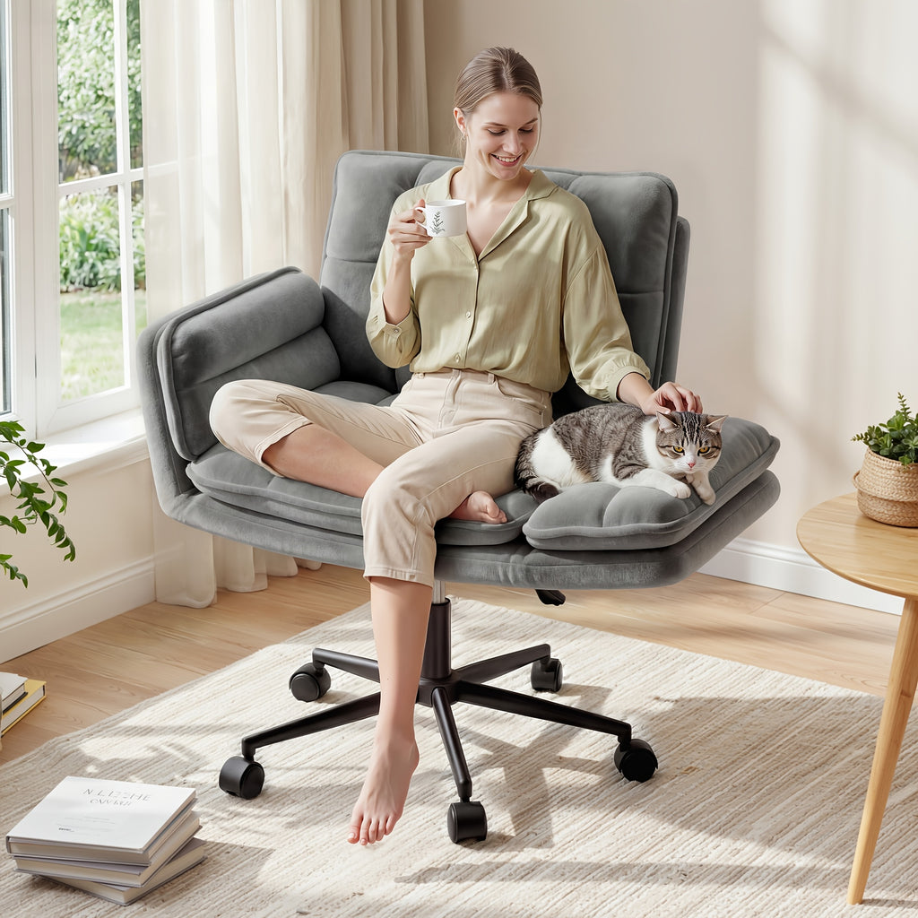 Office Criss Cross Chair with Wheels & Armrests, Comfy Wide Vanity Chair, Height Adjustable Computer Office Desk Chairs for Home, Makeup, Bedroom, Stable & Comfortable