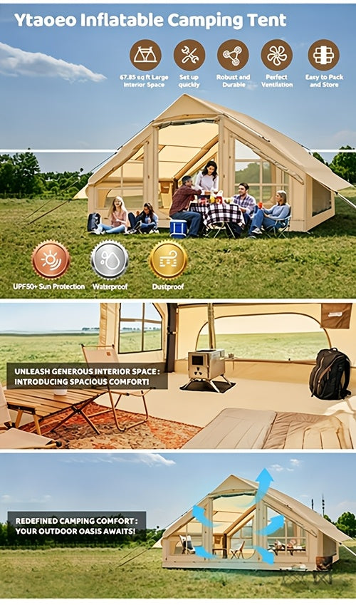 Inflatable Camping Tent（Optional: Skylight, Stove Jack） for 4-6 Person,4 Season Camping Tent, Large Luxury Air Tent with Manual Pump, Easy Setup Portable Glamping House, High Quality Windproof Family Outdoor Shelter Best Valentine's Day Gifts