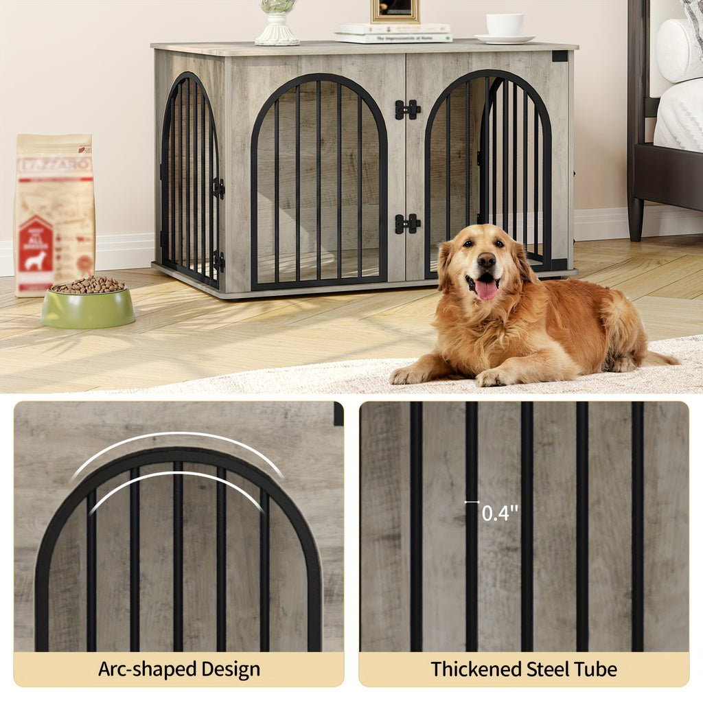 39.4'' Dog Crate Furniture - Dog Kennel Indoor Arched Door Design, Wooden Dog Crate Furniture For Small/Medium/Large Dog, Side Table, TV Stand, Anti-Chew, Anti-Escape - Rustic Brown, Black Gold, Greige Black, White Brown - For Dog Owners - Provides Safe &