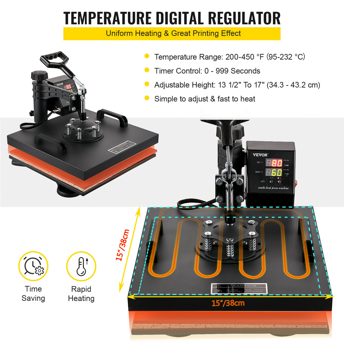 VEVOR Heat Press 15x15 Inch 8 in 1 Heat Press Machine Digital Multifunctional Sublimation Heat Transfer Machine Dual LED Display 360 Degree Rotation Swing Away for Printing T Shirts Hat Mug Cap Plate