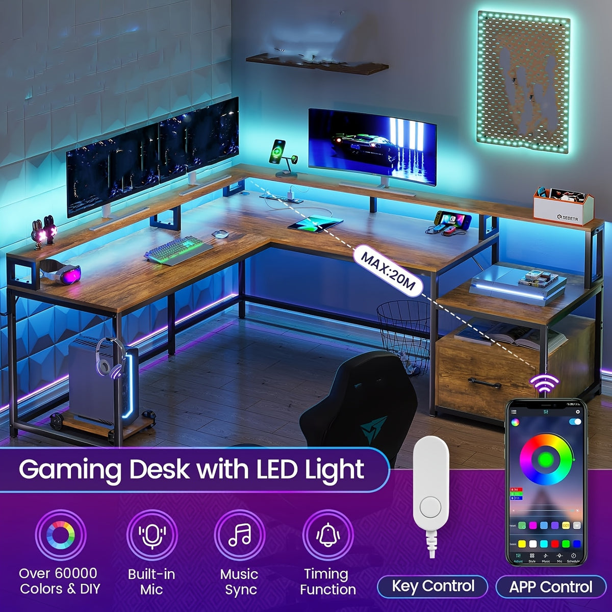 L Shaped Desk for Home Office, Reversible Corner Computer Desk with File Drawer, Led Lights and Monitor Shelf, Two Person Desk