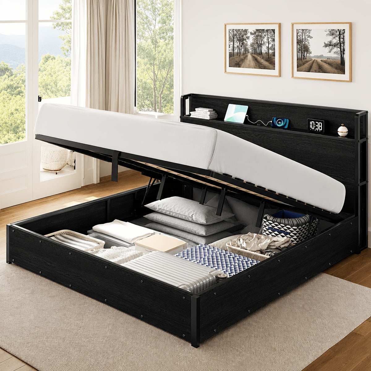Lift Up Storage Bed Frame, Wooden Platform Bed Frame with Lifting Storage & Charging Station, No Spring Box Needed/Noise Free