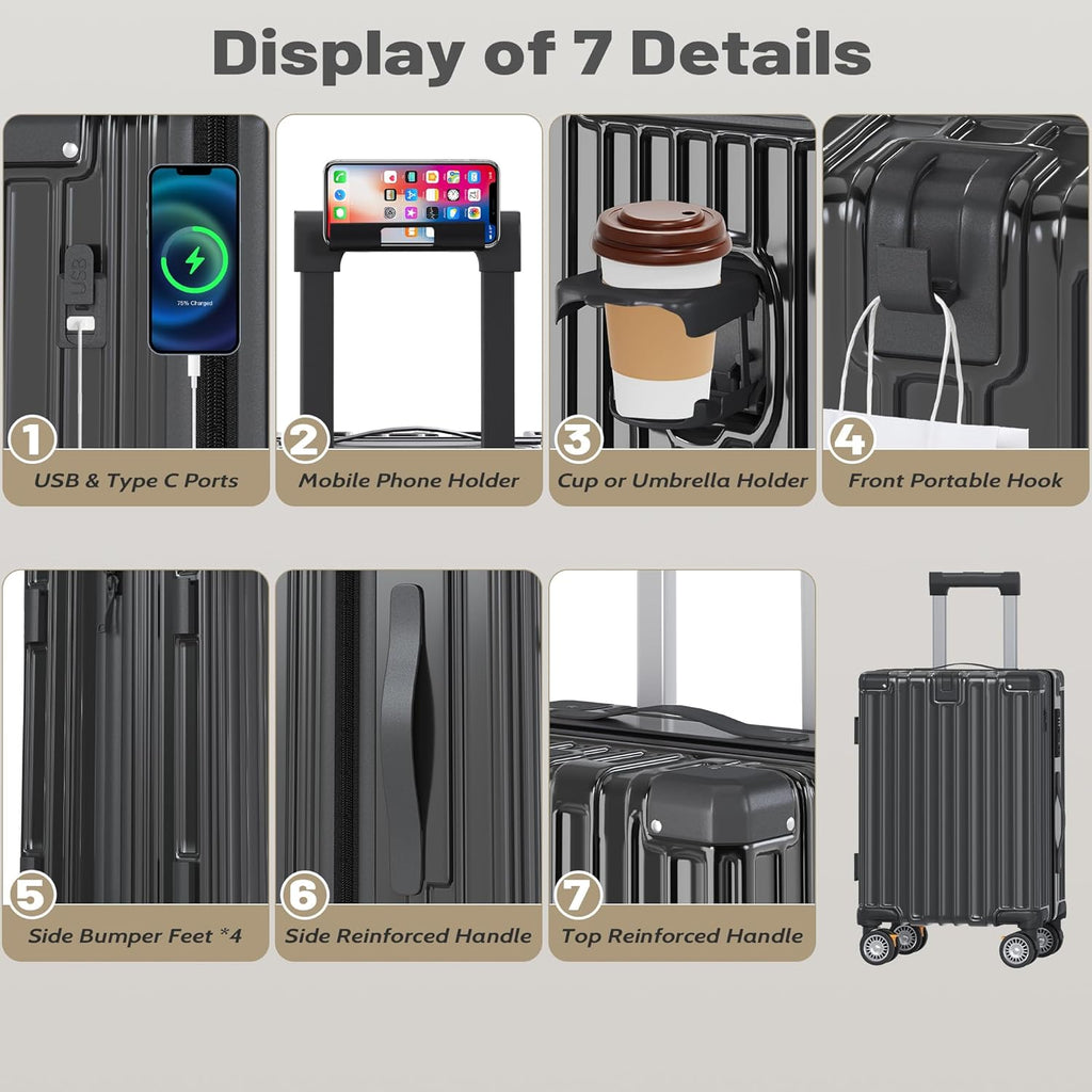 OYEROL 3pcs Hardshell Luggage Set, 20/ 24/ 28 Inch Lightweight ABS+PC Suitcase with TSA Lock, 360° Double Spinner Wheels, Expandable Design for Men & Women Travel, Black
