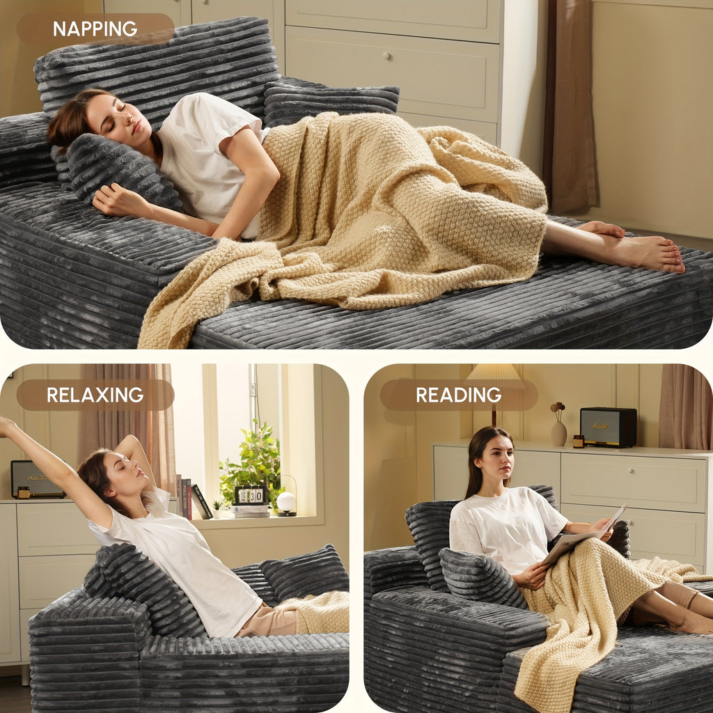 67" Oversized Boneless Lounge Chaise - Corduroy/Plush Fabric/Teddy Fleece Floor Couch with Pillows And Armrests | Deep Seat Single Sofa Bed with High Density Sponge Cushion | U Sleeper Couch for Living Room, Apartment, Bedroom | No Assembly Required
