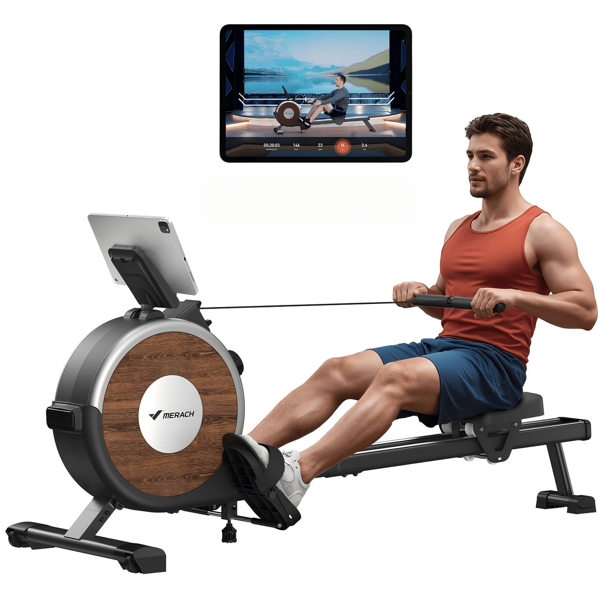 MERACH Home Rowing Machine with Magnetic Quiet Resistance, 16 Adjustable Levels, 350lbs Weight Capacity, Bluetooth App Sync, And Smooth Dual Rails
