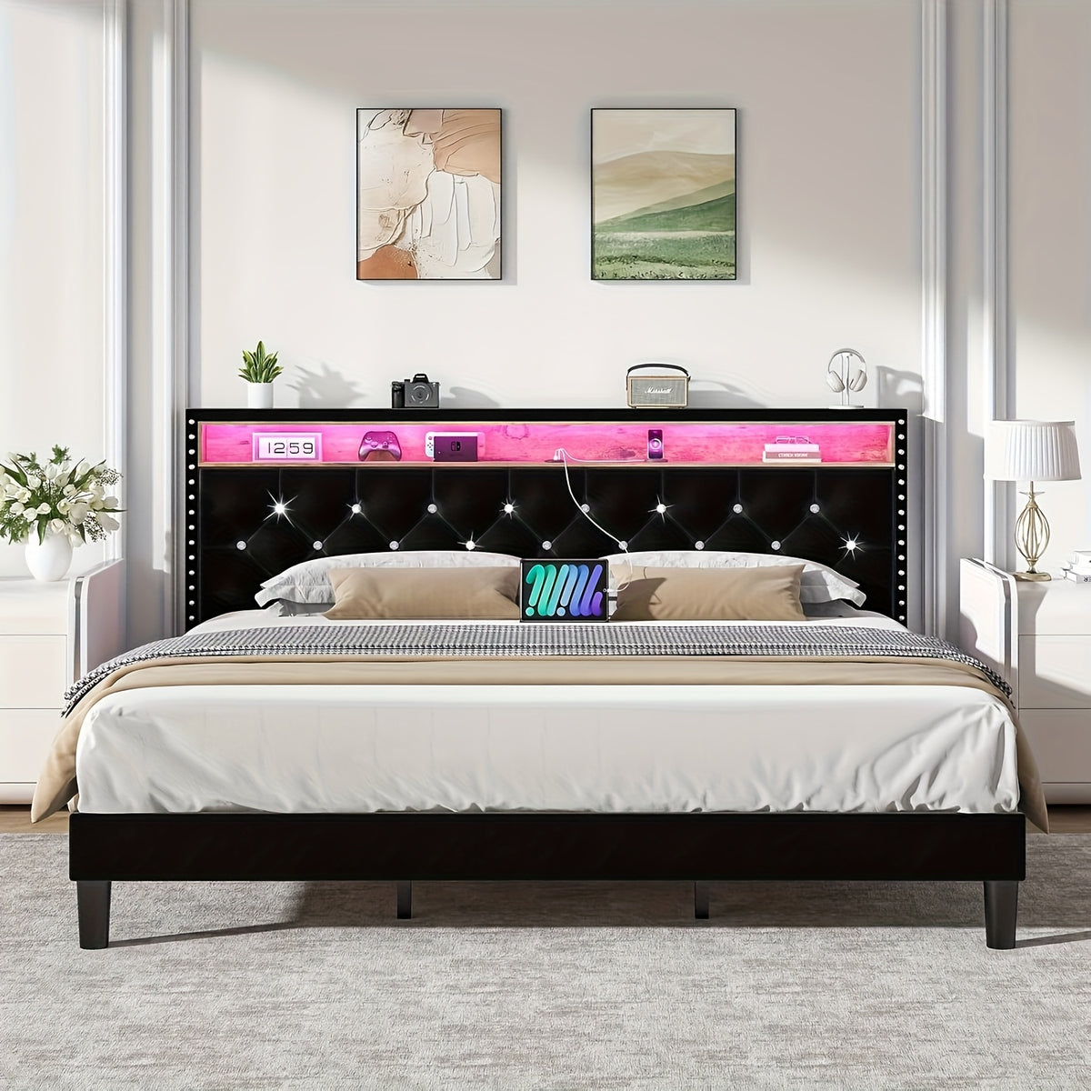 Bed Frame with LED Lights, Velvet Upholstered Platform Bed with Storage Headboard, Charging Station And Diamond Tufted Design - No Box Spring Required - Easy Assembly - Black