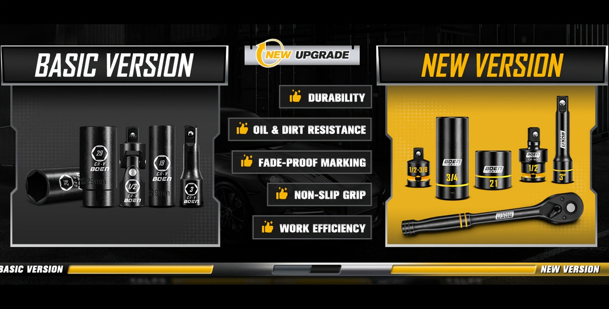 [60pcs Socket Set] BOEN 60pcs 3/8" Drive Impact Socket Set, 6-Point Sockets, Metric 6-22Mm & SAE 5/16"-3/4", Shallow & Deep Sockets, Ratchet Wrench Included, 7pcs 10Mm Sockets with Yellow Embossed Marking for Automotive Repair