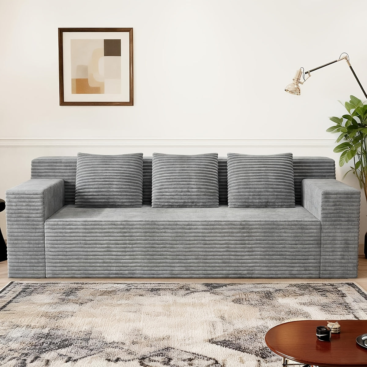 43.3-80.7" Corduroy Living Room Sofa, 3 Setaser Deep Seat Couch With 3 Lumbar Pillows, Comfy Boneless Sofa Modern Compressed Couch For Bedroom, Office, Apartment