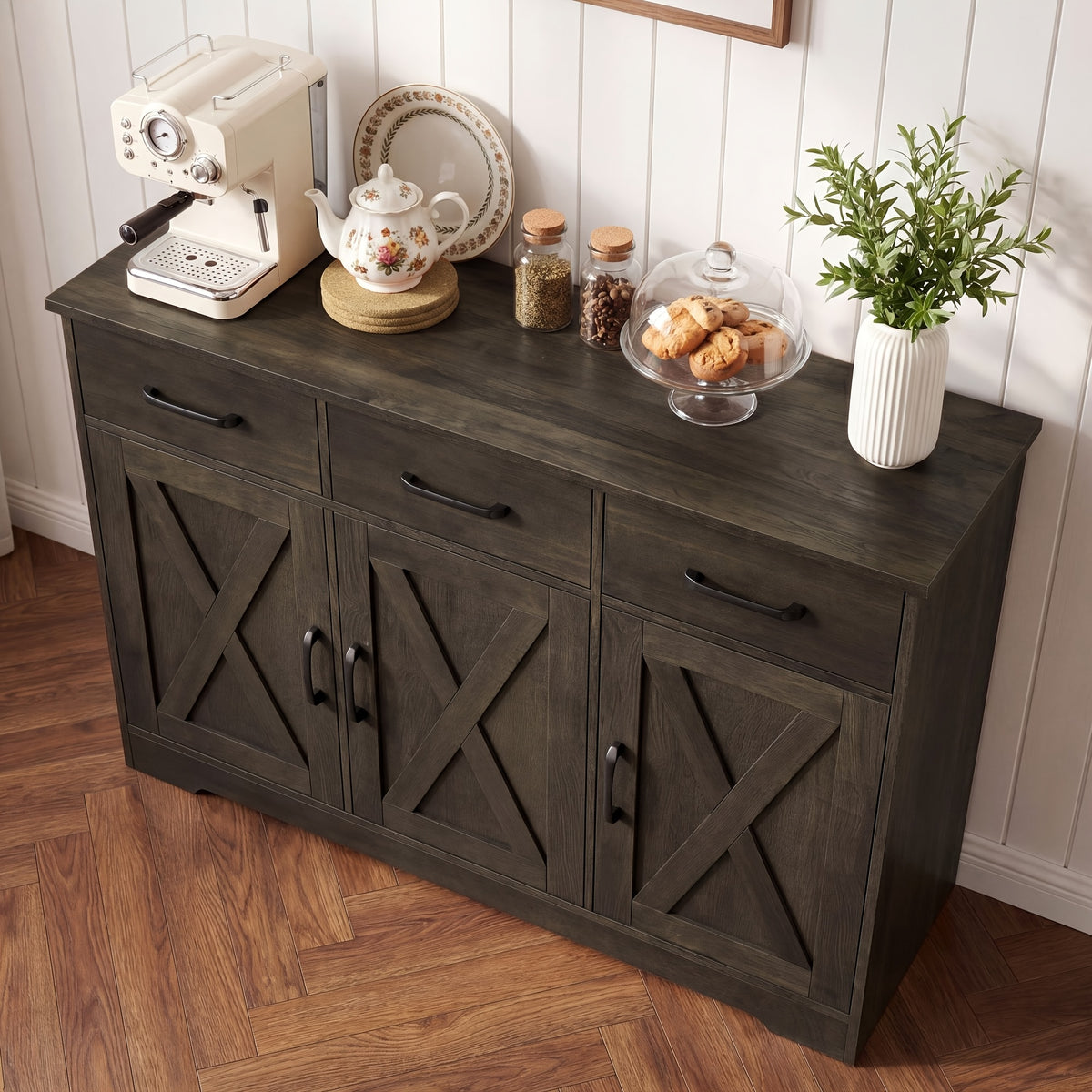 FULTRU Modern Farmhouse Cabinet with Barn Door & Sliding Panel Doors Suitable for Kitchen, Dining Room Storage, Freestanding Buffet Furniture with Drawers and Open Shelves, Assembly Required, Multifunctional Sideboard