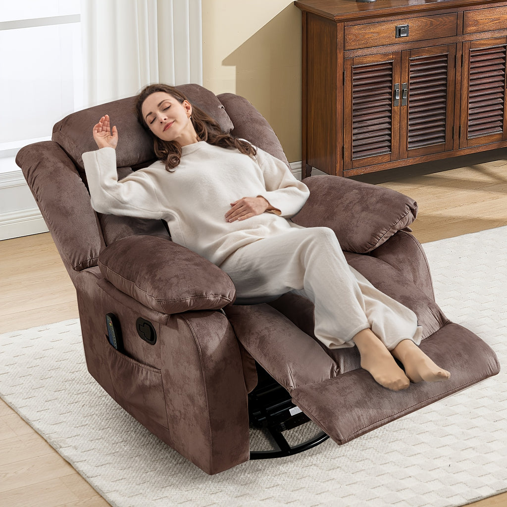Massage Swivel Rocker Recliner Chair with Heat And Vibration, 360 Degree Swivel Manual Recliners Antiskid Fabric Single Sofa Heavy Duty Reclining Chair for Game & Recreation Room Furniture