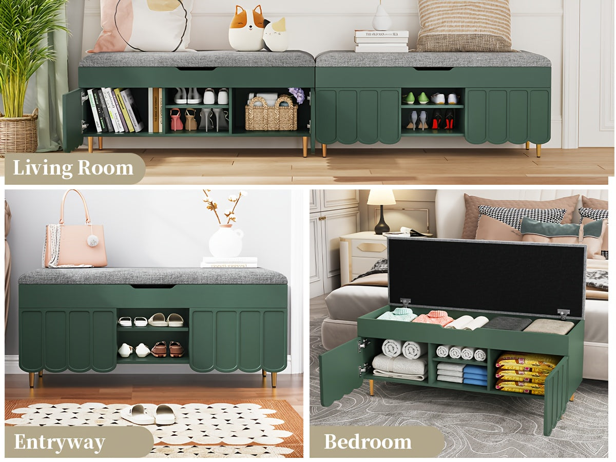 Shoe Organizer Cabinet, Entryway Bench With Adjustable Shelves And Cushioned Seat, Unique L-Shaped Bench Cabinet For Entryway