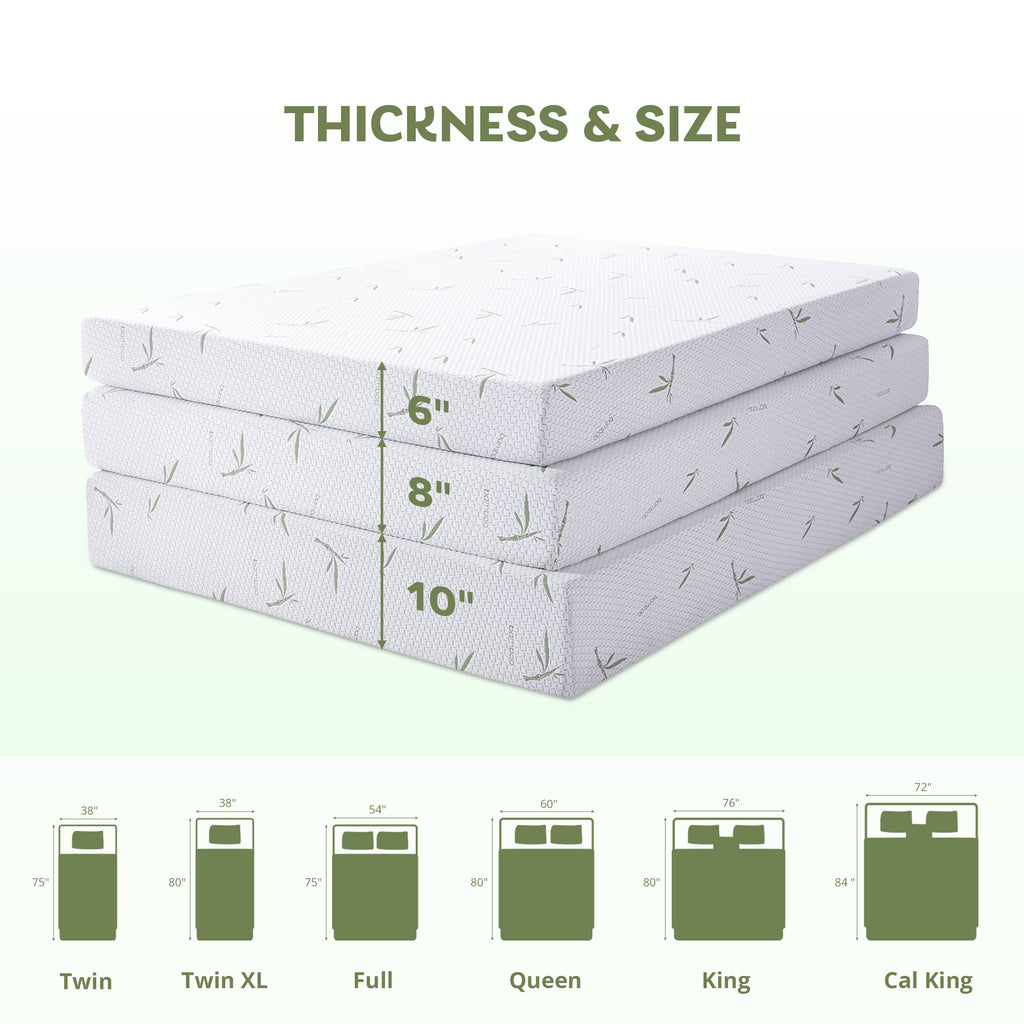 Dyonery 6/8/10 lnch Memory Foam Mattress, Green Tea Gel Infused Mattress in a Box, Breathable Bamboo Cover, Twin Full Queen King Size