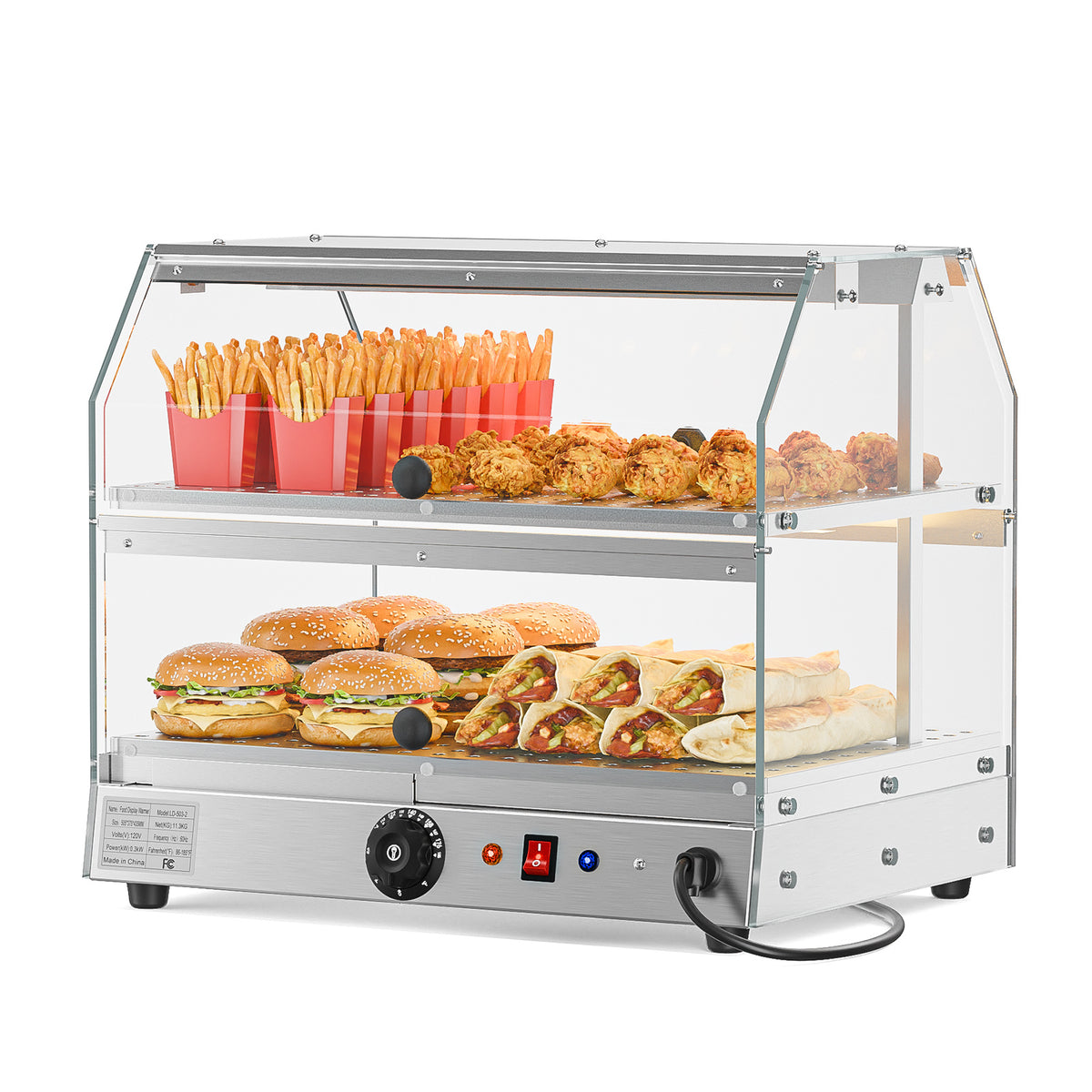 2-Tier Food Warmer Pizza Warmer Countertop, Food Warmer Display Pretzel Warmer with LED Lighting Front and Rear Doors, Electric Catering Hot Box Acrylic for Buffet Restaurant Cafe