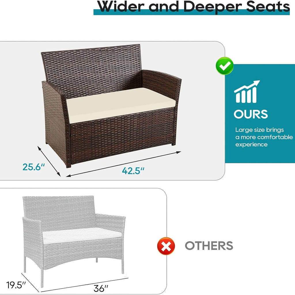 Outdoor Sectional Sofa Set with Tempered Glass Table — 4-Piece PE Wicker Patio Conversation Set