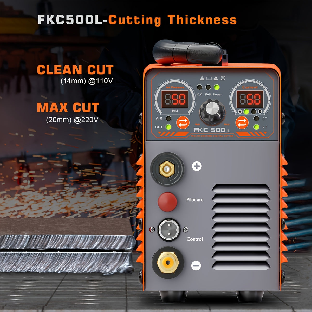 FEIFANKE 50A Plasma Cutter, 110V/220V, Non-Touch Pilot Arc, Non-High Frequency Blow-Back Start, 20mm Max Cut, Air Sensor, Digital Display, PT/2T/4T, Overheat Protection for Automotive Repair, Metal Fabrication, DIY