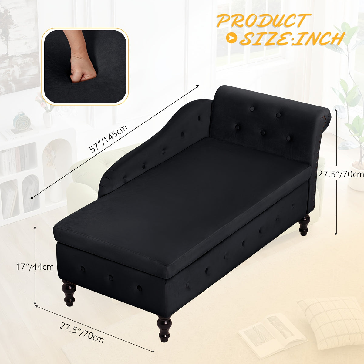 ACMEASE 57" Velvet Upholstered Storage Chaise Lounge With Pillow, Nailhead Trim Chaise Sofa For Living Room