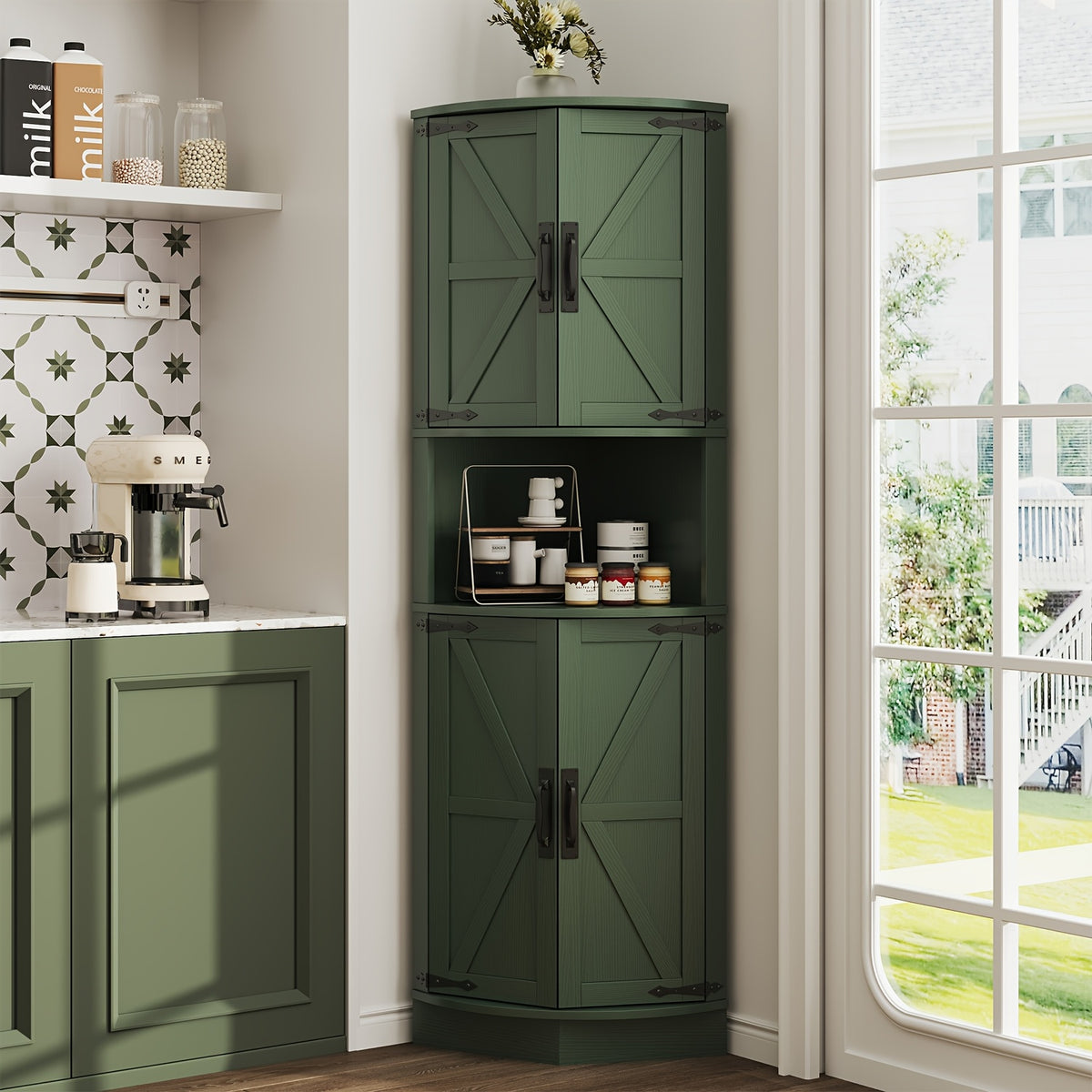 Farmhouse Corner Cabinet with Vintage Barn Door, 4 Doors & 5 Adjustable Shelves, Multifunctional Storage Organizer for Kitchen Corner, Dining Room, Laundry Room, Pantry | Freestanding Space Saver Cupboard White/Grey/Blue/Green