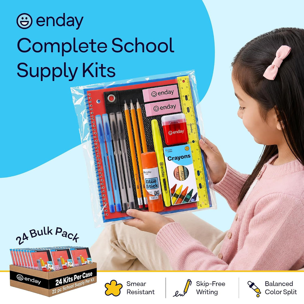 24 Pack School Supply Kits for Kids, 22-Piece Back to School Supplies with Notebook, 2 Folders, Pencil Pouch, 4 Pens, 3 Pencils, 5 Crayons, Glue Stick, Highlighter, Ruler, 2 Erasers & Sharpener & More!