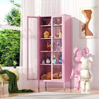 67 Inch Metal Storage Cabinet, Tall Curio Display Glass Cabinet Bookcase with 2 Glass Doors And 4 Shelves, Modern Floor Utility Locker for Office Living Room Bathroom Home Entryway