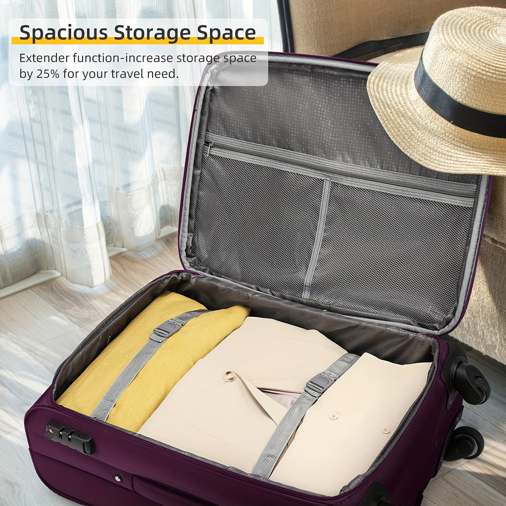 5pcs Soft Luggage Collection Including a Duffel, a 20-Inch Carry-On, And 24 & 28-Inch Expandable Rolling Suitcases, Featuring Rotating Wheels, Lightweight Design, Tsa-Approved Lock, in Purple Color