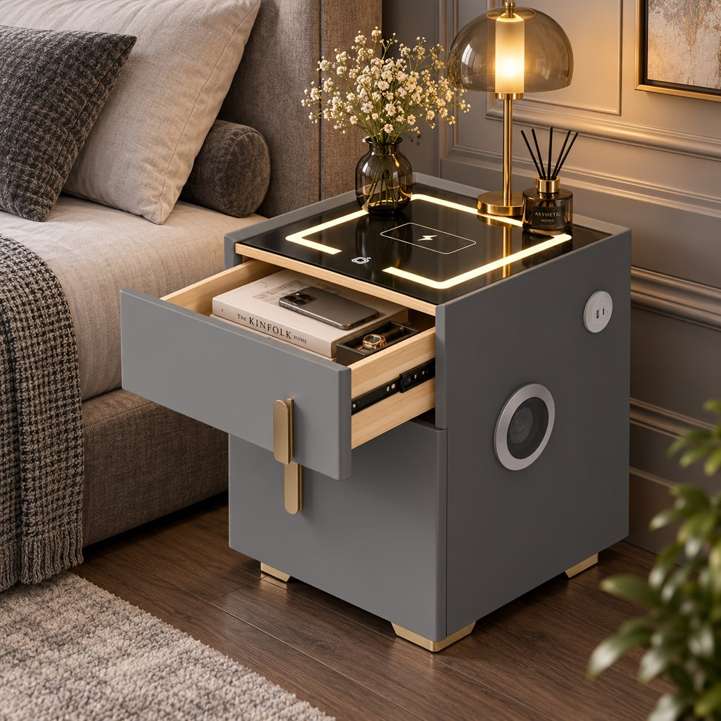Light Luxury High-end Modern Double Drawer Safe Bedside Table, Multifunctional Bedside Table with Password Lock for Storing Valuable Items
