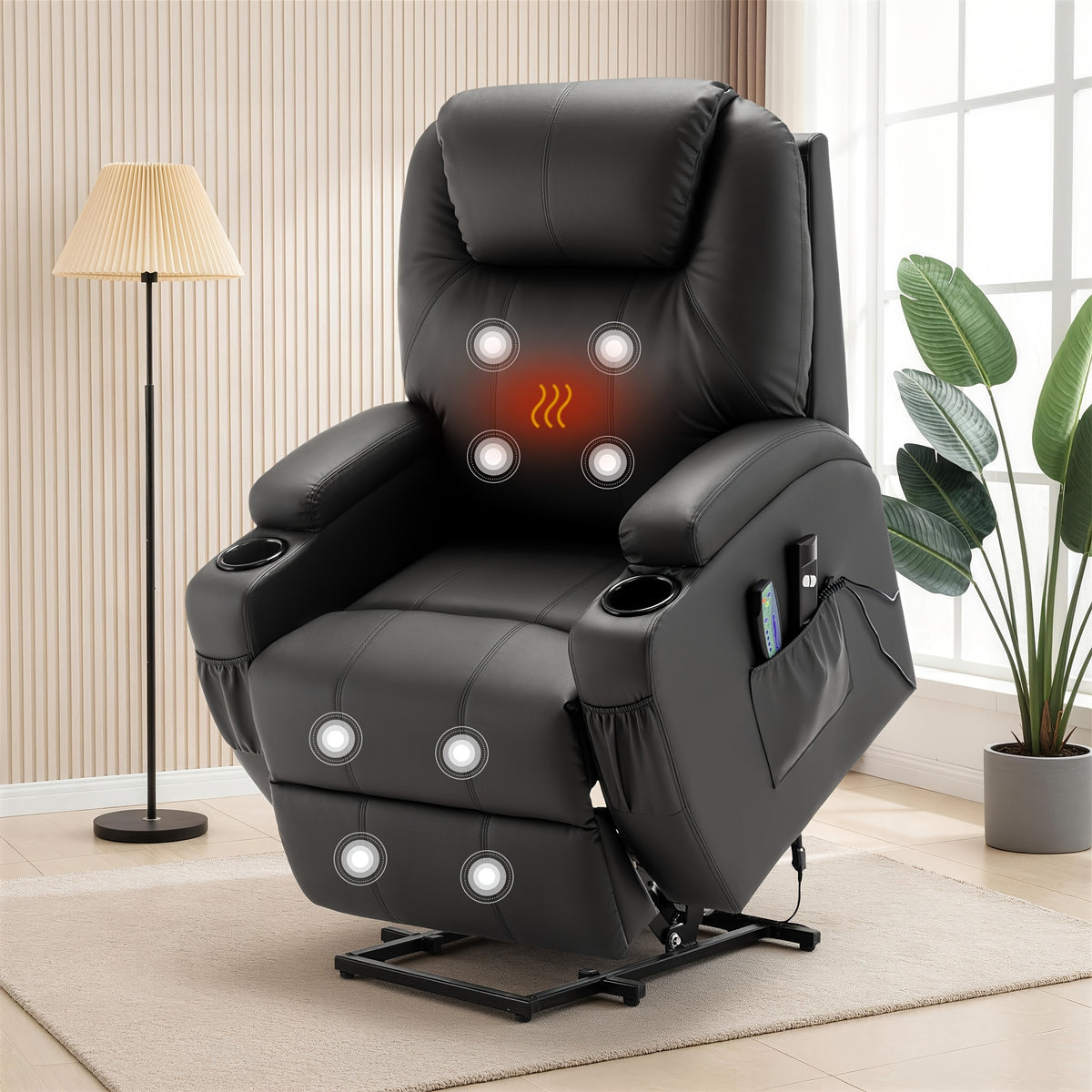Living Room Massage Chair, Recliner With Heating Function, Adult Electric Lift Chair, Storage Side Pockets And Cup Holders, Medium-sized Leisure Chair, Comfortable PU Leather Material, Orange And Blue Are Technical Fabric