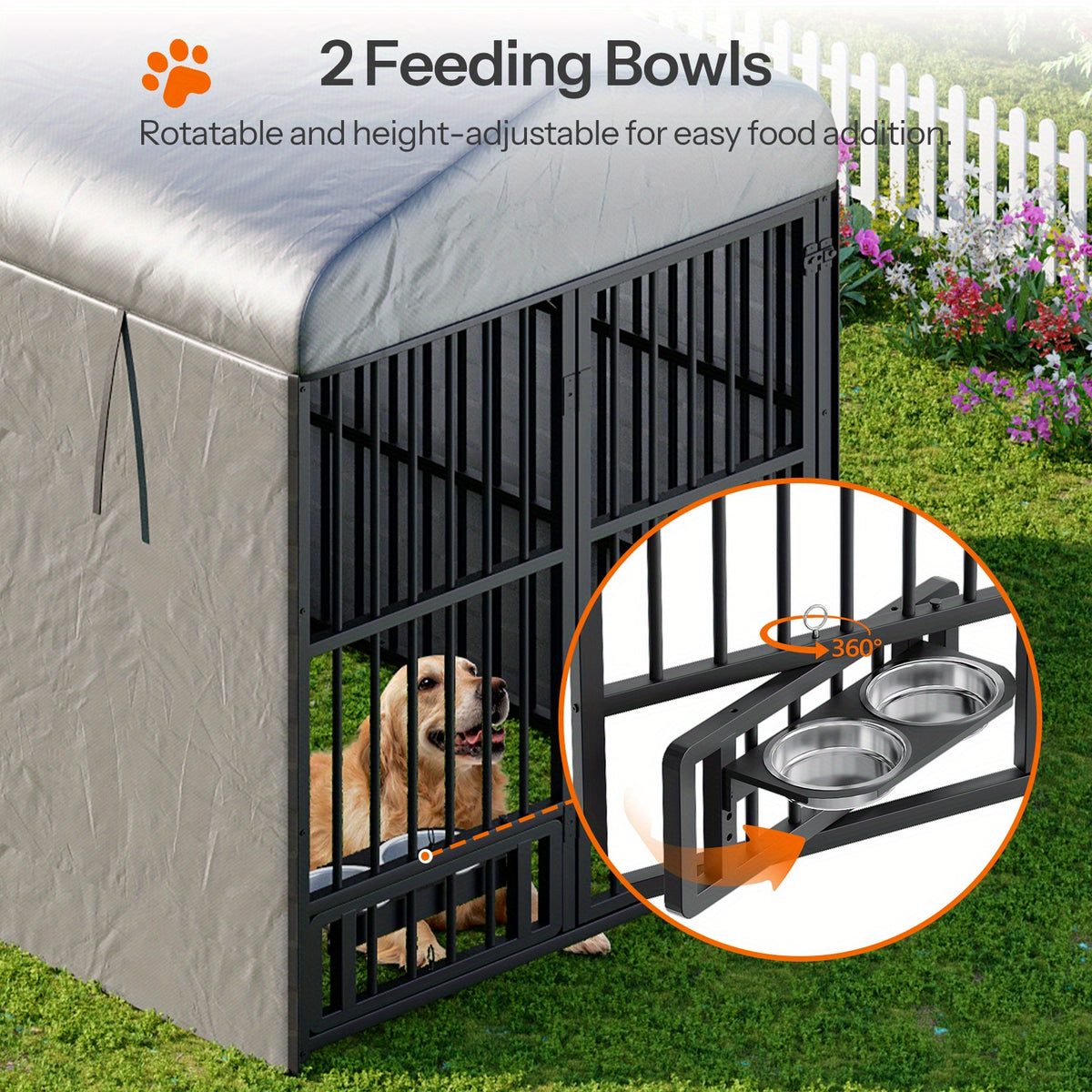 Large Outdoor Dog Kennel Measuring 70.87 Inches in Height, 78.74 Inches in Width, And 47.24 Inches in Depth, Equipped with Two Food Bowls And a Secure Lock. This Heavy-Duty Dog Crate Furniture Is Designed for Medium to Large Dogs And Features a And