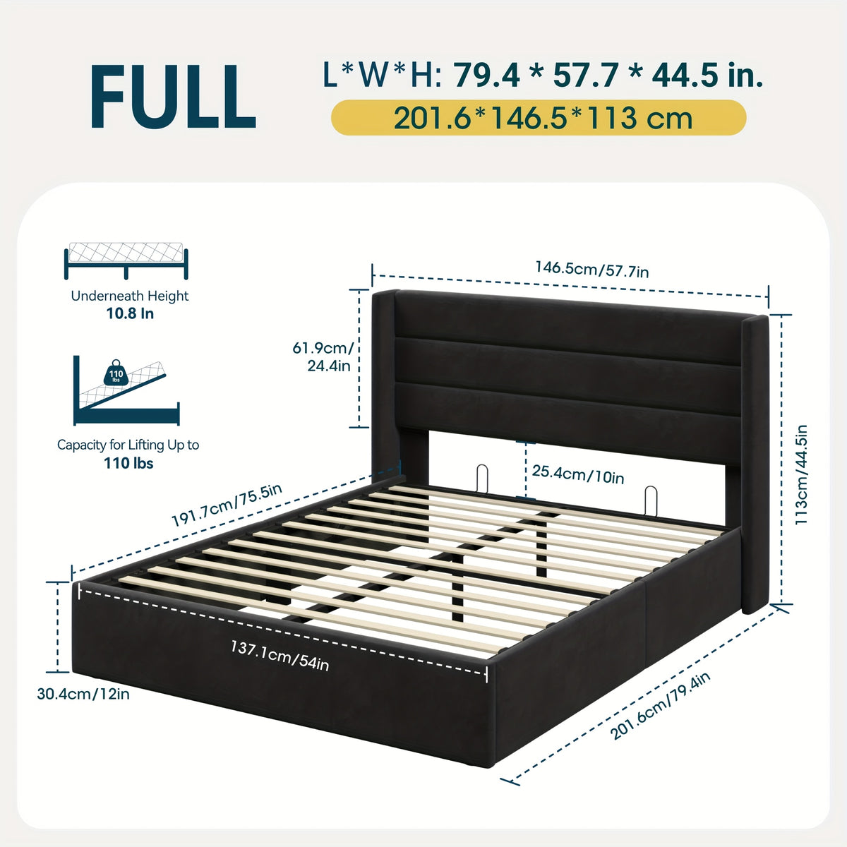 WEEWAY Lift Up Storage Bed, Modern Wingback Upholstered Headboard, Hydraulic Platform Bed, Wooden Slats Support, Heavy Duty Mattress Foundation, No Box Spring Needed, Easy Assembly, Full/Queen/King Size, for House Bedroom Furniture, Free Shipping