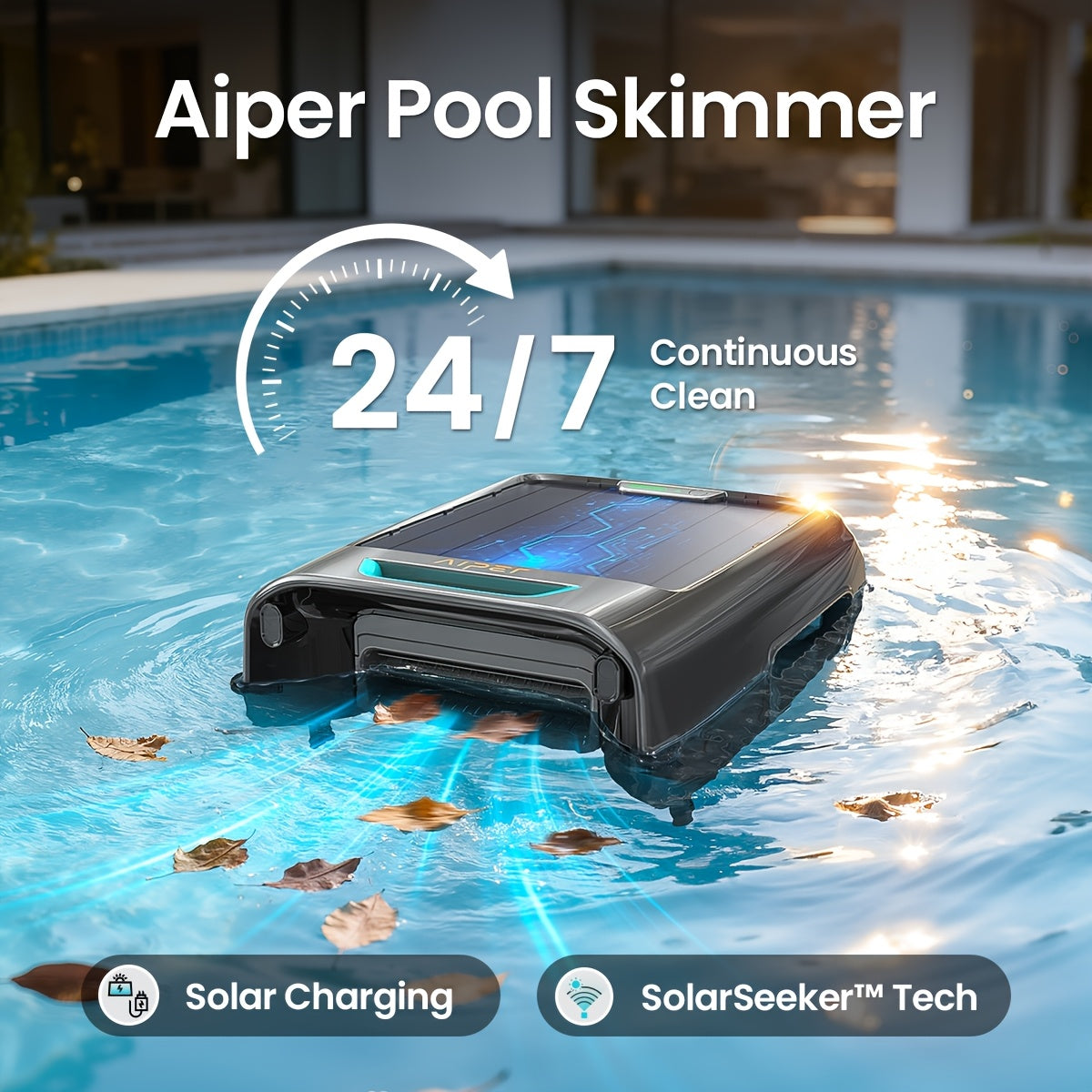 Robotic Pool Skimmer AIPER Surfer S2 for Continuous Surface Cleaning with Solar and USB Charging